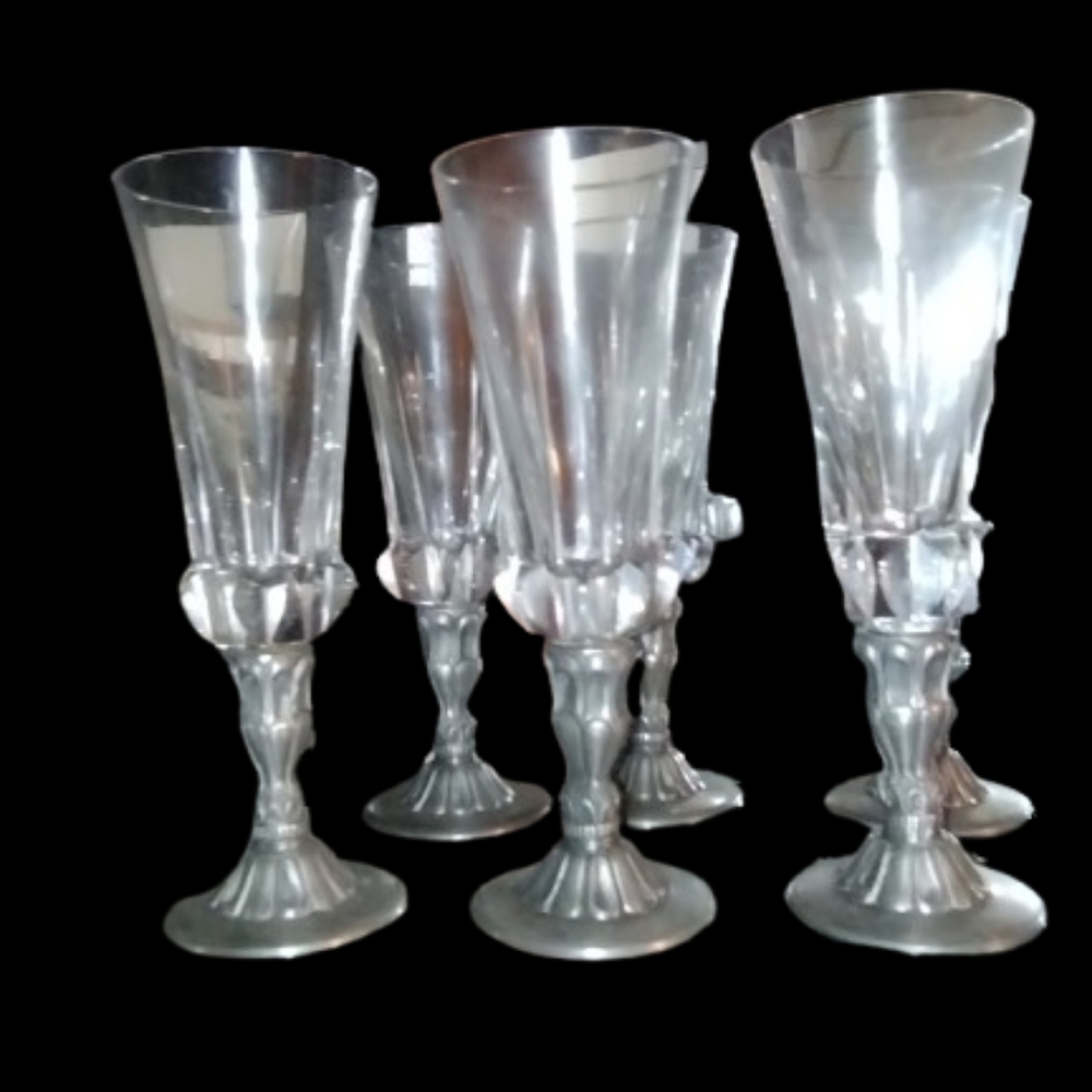 Vintage European 1970's Fine Crystal Cut Champagne Pewter Stemmed Glasses